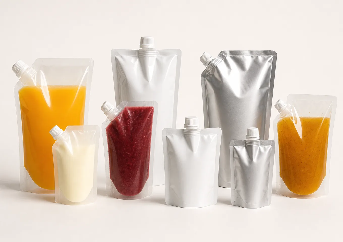 Stand-up Spout Pouch Filling and Screw Capping Machine | AI-generated application packaging illustration