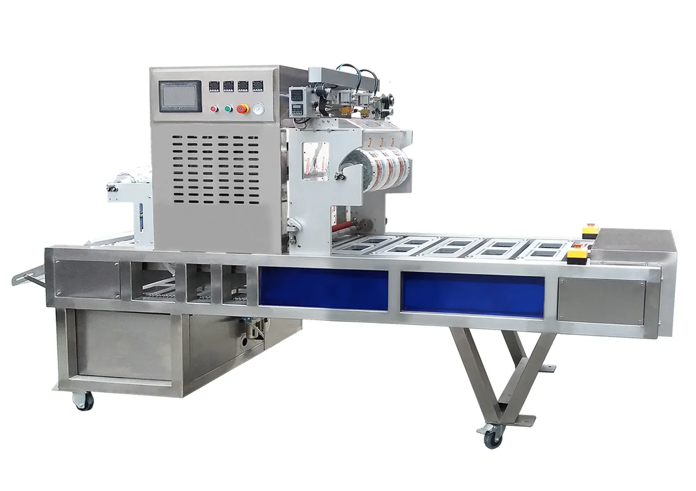 Rear conveying and roll film structure of chain conveyor cup tray continuous sealing line