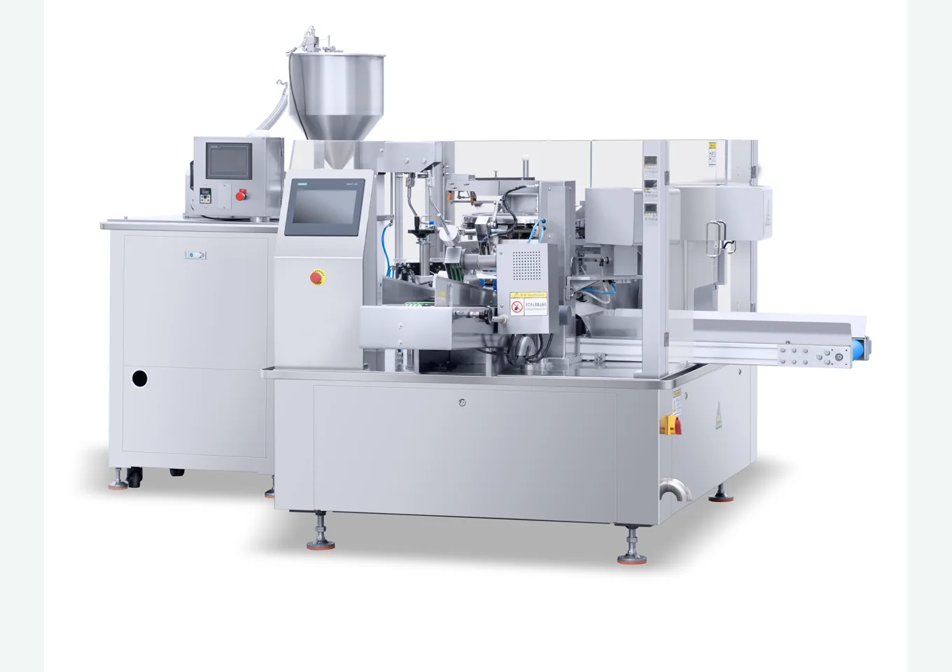 Horizontal layout of rotary premade pouch packaging machine with liquid hopper and filling interface