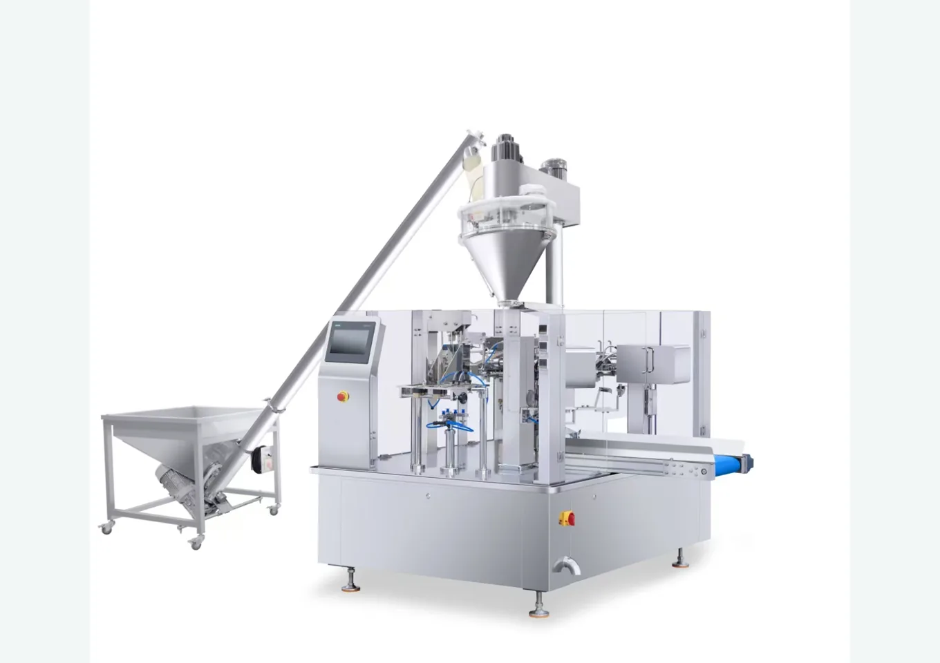 White-background image of premade pouch packaging machine with auger feeding, powder dosing hopper, and rotary pouch feeding stations