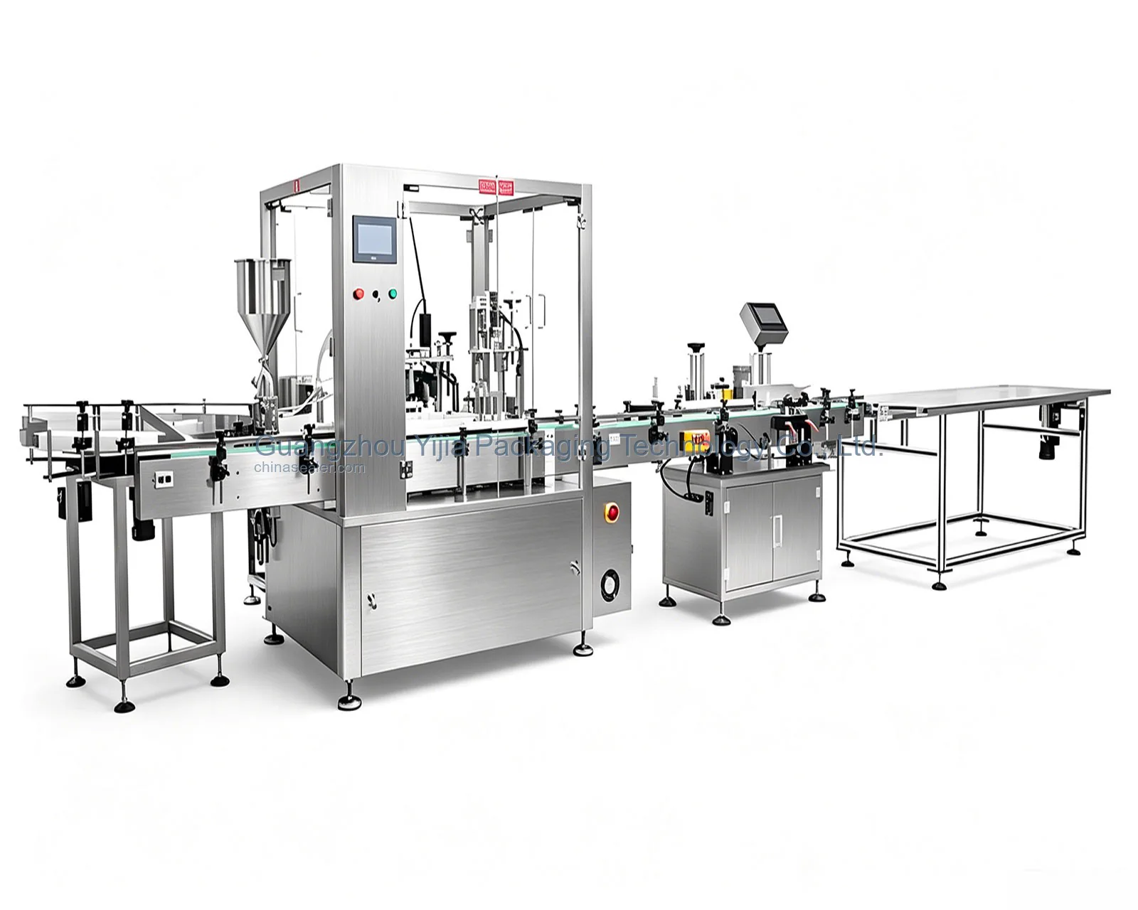 Liquid packaging line including infeed turntable, filling, screw capping, and conveyor sections