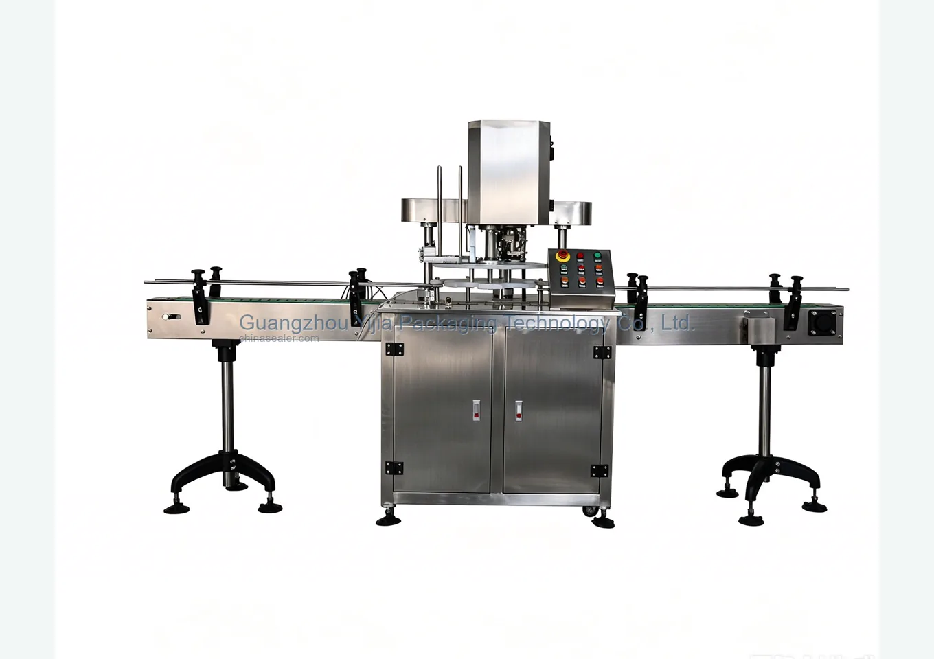 Front view of inline can seamer with side conveyor rails, can positioning, and seaming mechanism