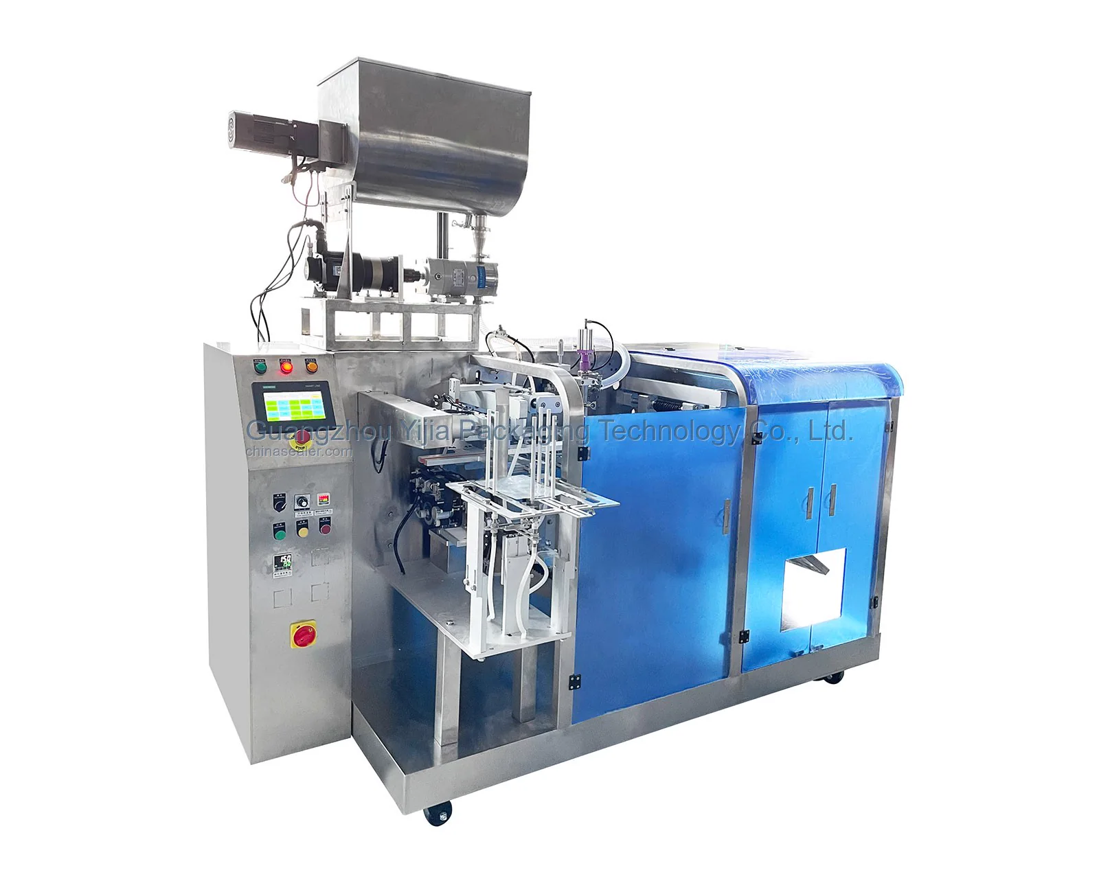 Premade pouch filling sealing machine with liquid hopper and bag feeding station