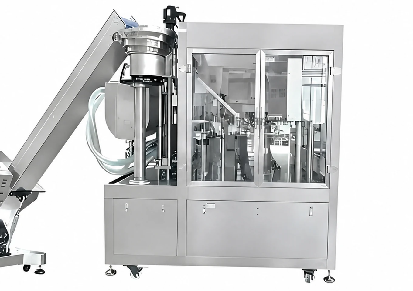 Close-up of the cap elevating and feeding section and enclosed rotary processing area of the spout pouch filling and capping machine