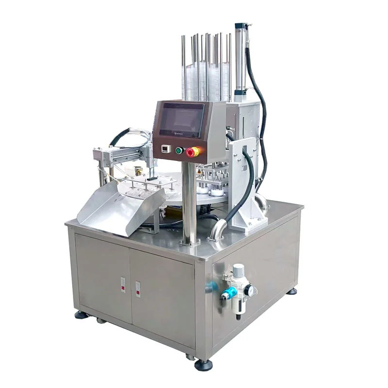 White background configuration image of another turntable tray sealing equipment