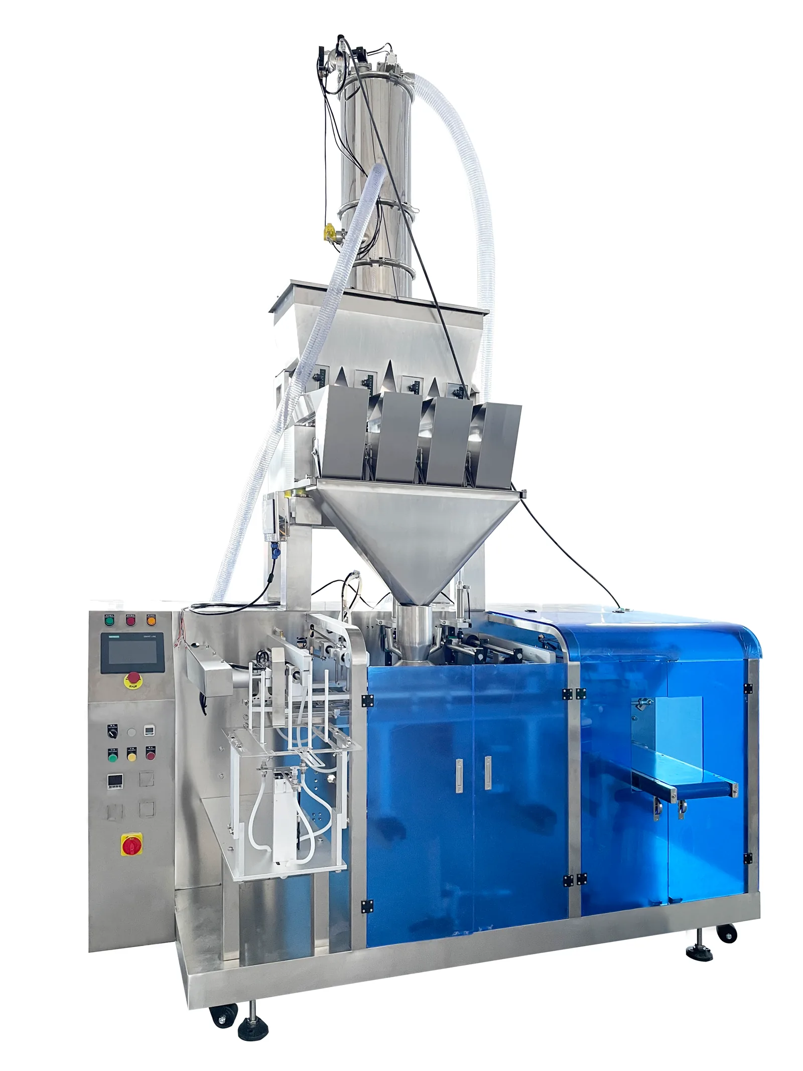 White background image of vacuum horizontal pouch packaging machine from side-front showing feeding and main unit connection