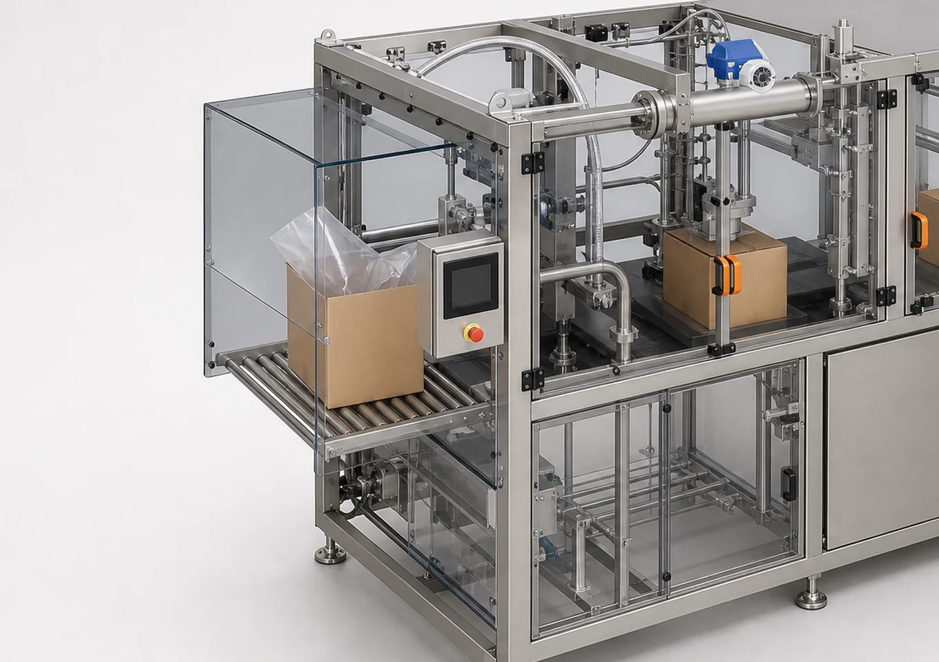 Bag-in-Box Filling and Sealing Machine — Infeed and feeding area — AI structure illustration