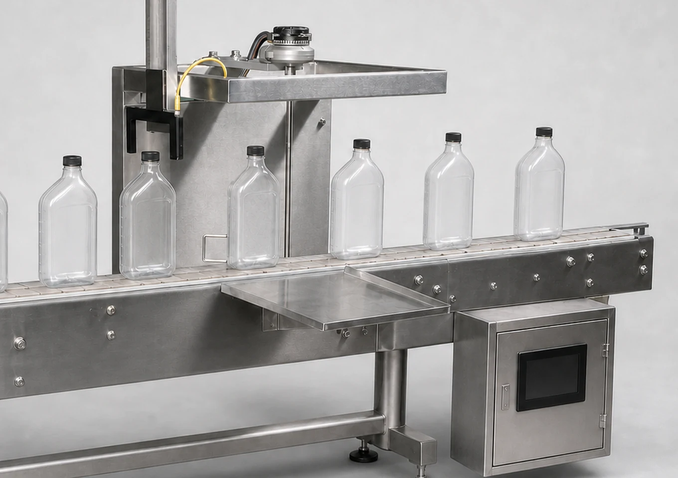 Bottle Cap Missing and Skew Detection Machine — Outfeed or application area — AI structure illustration