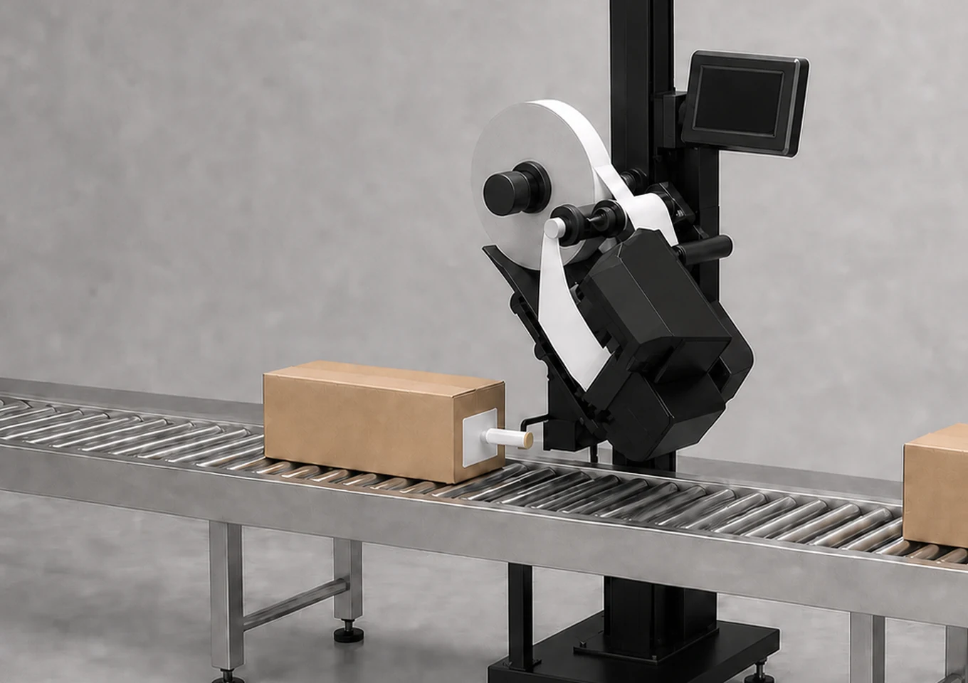 Real-time Print and Apply Labeling Machine — Infeed and feeding area — AI structure illustration