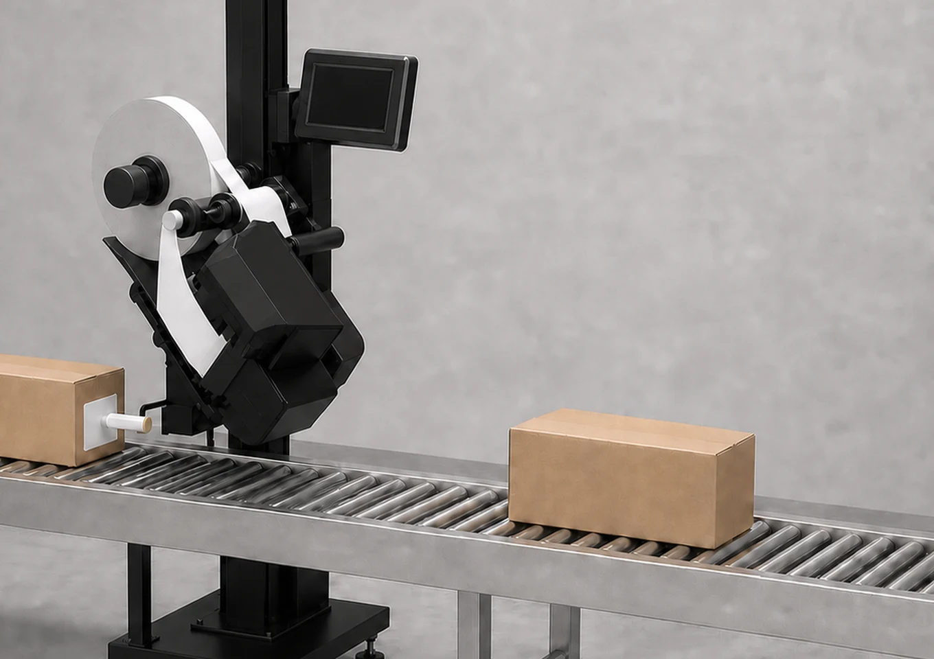 Real-time Print and Apply Labeling Machine — Outfeed or application area — AI structure illustration