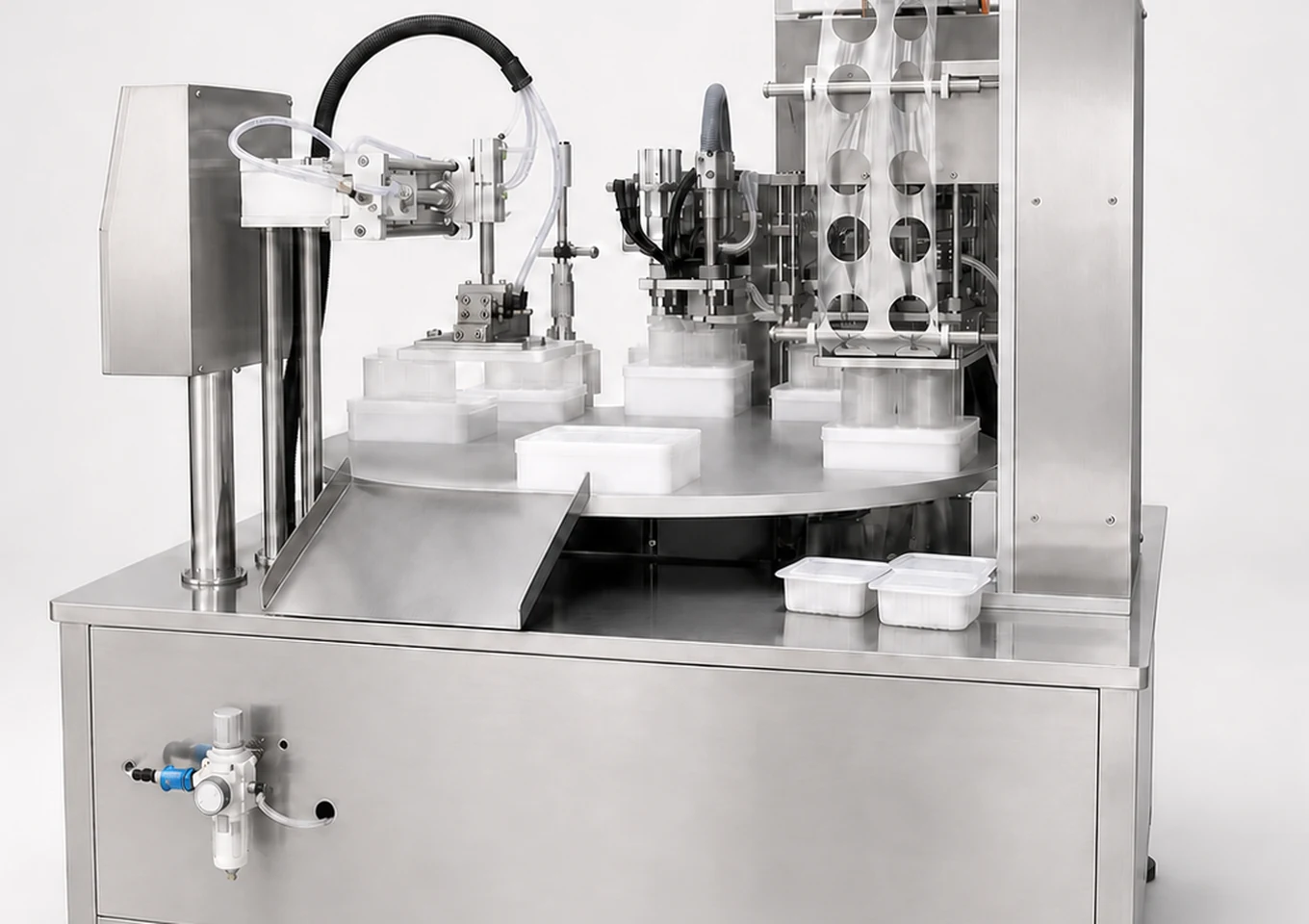 Rotary Cup Tray Filling and Sealing Machine — Core working area — AI structure illustration