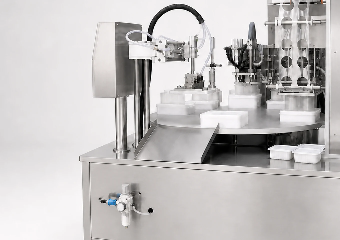 Rotary Cup Tray Filling and Sealing Machine — Infeed and feeding area — AI structure illustration