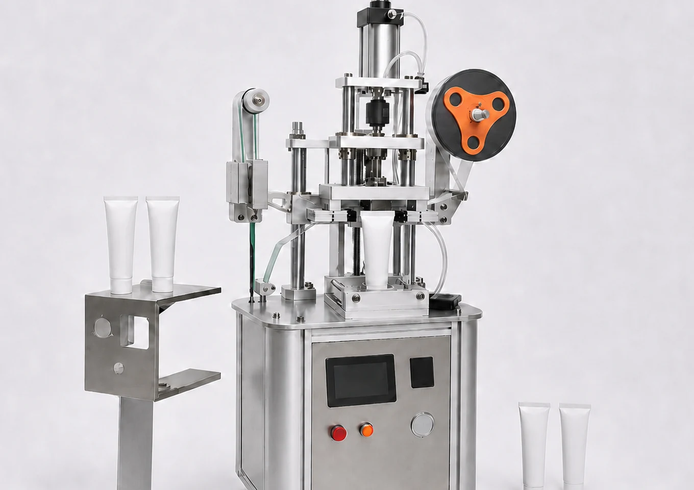 Semi-Automatic Tube Filling and Sealing Machine — Core working area — AI structure illustration