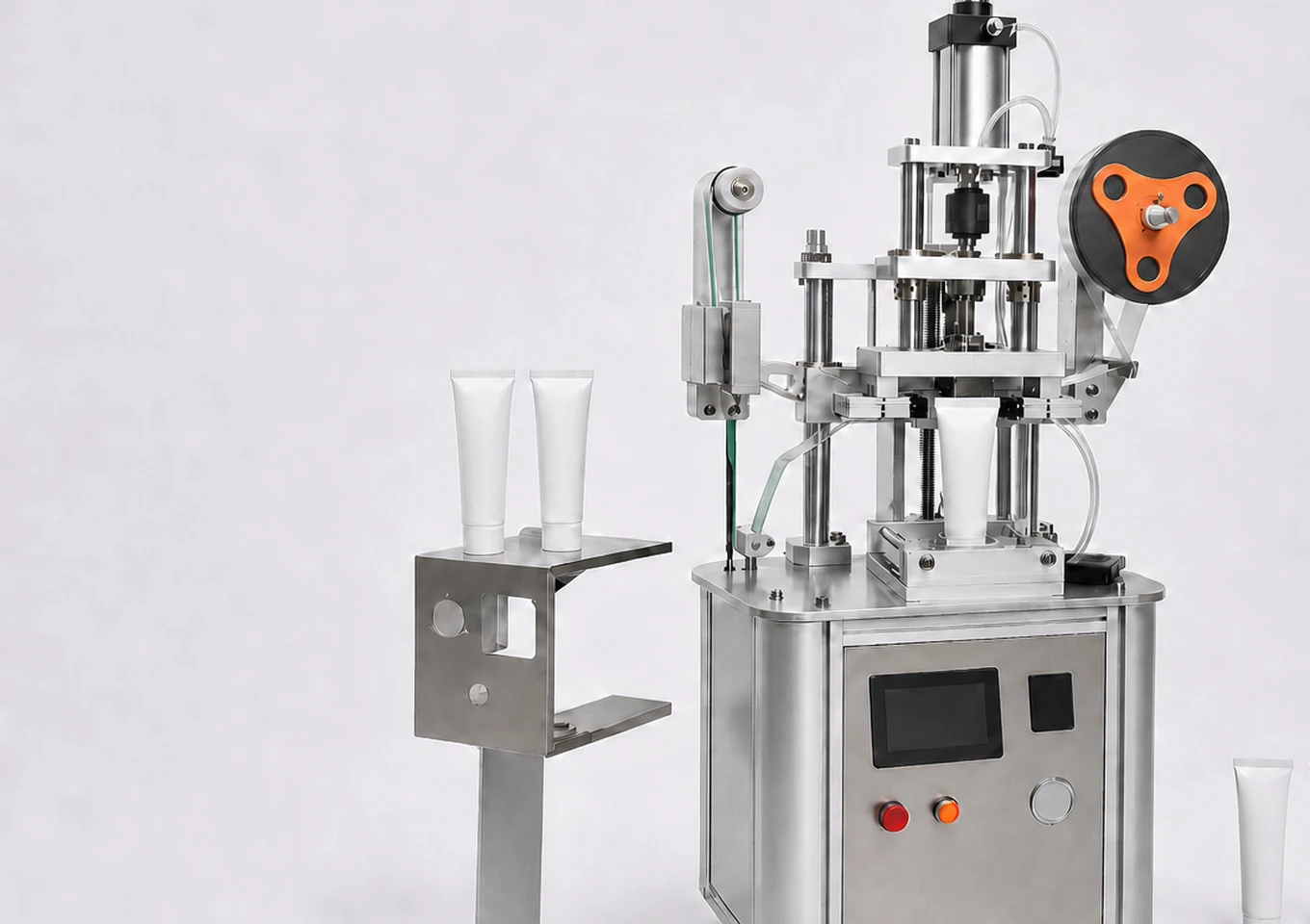 Semi-Automatic Tube Filling and Sealing Machine — Infeed and feeding area — AI structure illustration