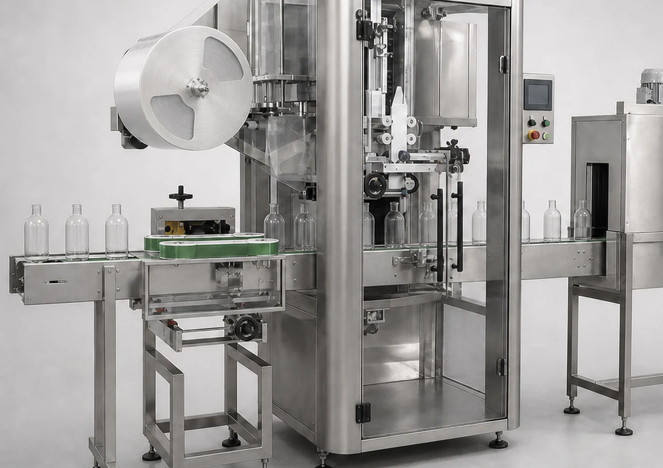 Sleeve Labeling and Shrink Machine — Infeed and feeding area — AI structure illustration