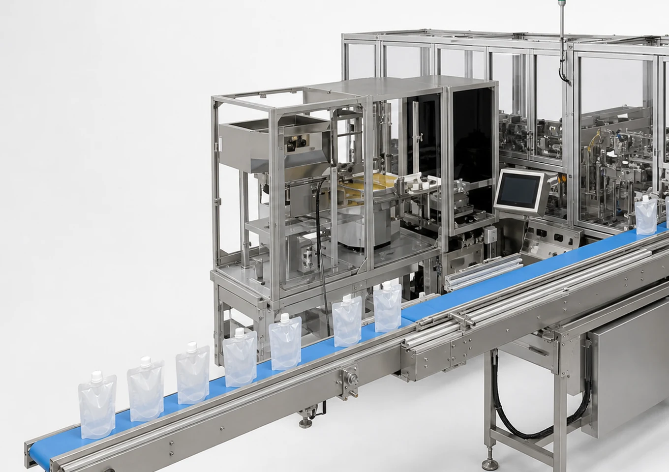 Automatische Schweiß- und Versiegelungsmaschine für Beutel mit Ausgießer — Einlauf- und Zuführbereich — KI-Strukturdarstellung