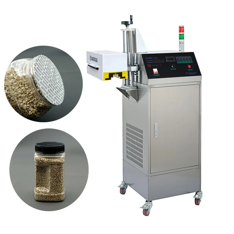 Inline induction foil sealer with adjustable head and mobile water-cooling cabinet