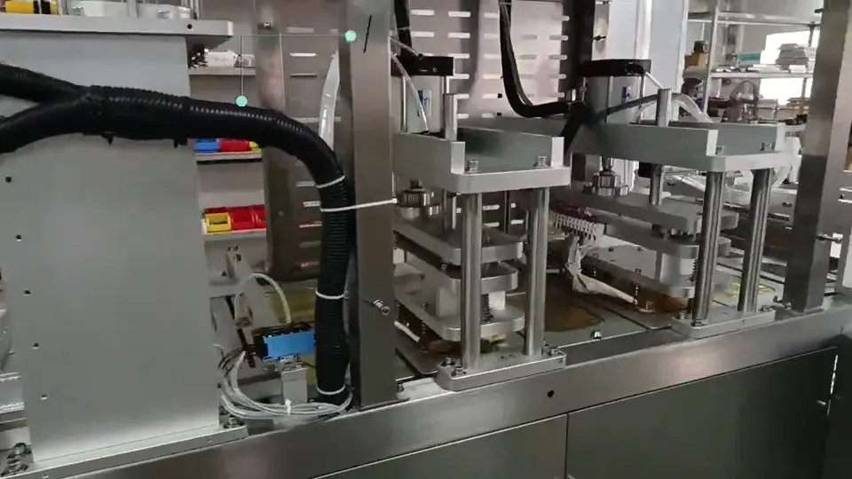 Linea continua di sigillatura per coppette/vassoi su piastra a catena (riempimento opzionale) · Video di funzionamento della presa e termosaldatura continua di vassoi in alluminio